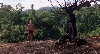 Movie still from “Lord of the Flies” (1990), directed by Harry Hook – A man standing on top of a hill next to a tree; Wide shot, Low angle