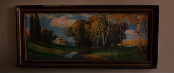 Movie still from “Love” (2015), directed by Gaspar Noé – An oil painting of trees and a pond in a wooded area; Extreme Wide shot, Overhead angle