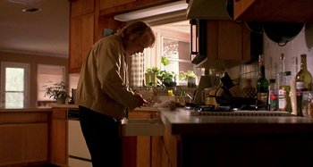 Movie still from “Love Liza” (2002), directed by Todd Louiso – An older woman standing at a kitchen sink; Medium shot, Low angle