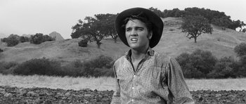 Movie still from “Love Me Tender” (1956), directed by Robert D. Webb – A man wearing a cowboy hat standing in a field; Close Up shot, Low angle