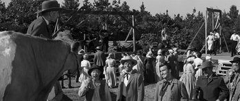 Movie still from “Love Me Tender” (1956), directed by Robert D. Webb – A black and white photo of people at an outdoor event; Wide shot, Over the shoulder angle