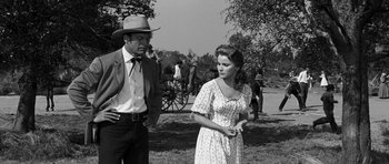 Movie still from “Love Me Tender” (1956), directed by Robert D. Webb – A man and a woman standing next to each other in a field; Medium shot, Over the shoulder angle