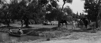 Two people sitting on a bench next to a horse in a field