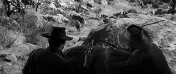 Movie still from “Love Me Tender” (1956), directed by Robert D. Webb – A man holding a gun while standing next to a bear; Wide shot, High angle