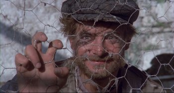 Movie still from “Love & Anarchy” (1973), directed by Lina Wertmüller – A person behind a wire fence; Close Up shot, Low angle