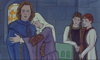Movie still from “Love on the Run” (1979), directed by François Truffaut – A painting of two women and a girl in medieval garb; Medium shot, Over the shoulder angle