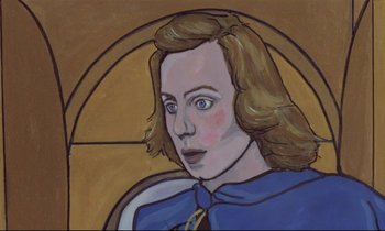 Movie still from “Love on the Run” (1979), directed by François Truffaut – A painting of a woman in a blue dress; Close Up shot, Overhead angle