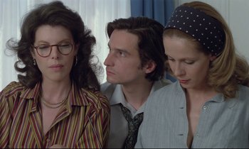 Movie still from “Love on the Run” (1979), directed by François Truffaut – A group of people sitting next to each other in front of a window; Close Up shot, Over the shoulder angle