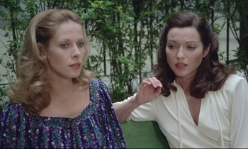 Movie still from “Love on the Run” (1979), directed by François Truffaut – Two women sitting next to each other on a park bench; Medium shot, High angle
