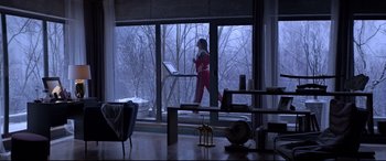 Movie still from “Loveless” (2017), directed by Andrey Zvyagintsev – A woman in a red suit is walking in front of a large window; Wide shot, Low angle