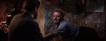 Movie still from “Lust for Life” (1956), directed by George Cukor – A man with a goatee and a beard looking into a mirror; Medium shot, Over the shoulder angle