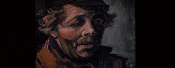 Movie still from “Lust for Life” (1956), directed by George Cukor – An oil painting of an old man wearing a hat; Extreme Close Up shot, Low angle