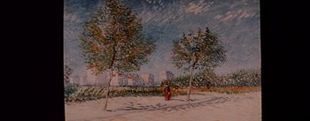 Movie still from “Lust for Life” (1956), directed by George Cukor – A painting of trees in the snow with a sky background; Extreme Wide shot, High angle