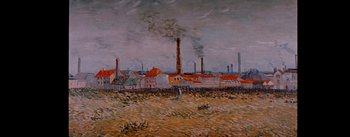 An oil painting of an industrial area with smoke billowing out of the chimney