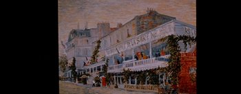 Movie still from “Lust for Life” (1956), directed by George Cukor – An oil painting of a street scene with buildings and people; Extreme Wide shot, Low angle