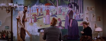 Movie still from “Lust for Life” (1956), directed by George Cukor – A woman is painting a painting of a park; Wide shot, Over the shoulder angle