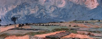 Movie still from “Lust for Life” (1956), directed by George Cukor – An oil painting of an open field under a cloudy sky; Extreme Wide shot, Low angle