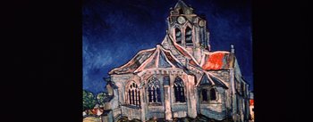 Movie still from “Lust for Life” (1956), directed by George Cukor – A painting of an old church with a clock on the top of it; Extreme Wide shot, Low angle