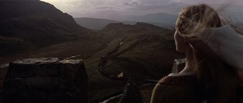 Movie still from “Macbeth” (1971), directed by Roman Polanski – A view of a mountain range from a helicopter at night; Extreme Wide shot, High angle