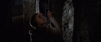 Movie still from “Macbeth” (1971), directed by Roman Polanski – A woman holding a whip in a dark room; Medium shot, Low angle