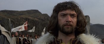 Movie still from “Macbeth” (1971), directed by Roman Polanski – A person with a beard; Close Up shot, Low angle