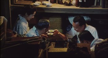 Movie still from “Madadayo” (1993), directed by Akira Kurosawa – A group of people sitting at a table with plates of food; Medium shot, High angle