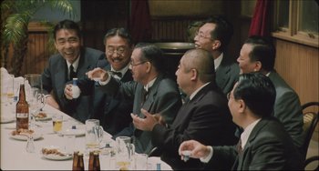 Movie still from “Madadayo” (1993), directed by Akira Kurosawa – A group of men sitting at a table with drinks; Medium shot, High angle