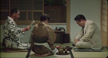 Movie still from “Madadayo” (1993), directed by Akira Kurosawa – Three people sitting on the floor in a room; Medium shot, Over the shoulder angle