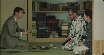 Movie still from “Madadayo” (1993), directed by Akira Kurosawa – Two people sitting on the ground in front of a bookshelf; Wide shot, Over the shoulder angle