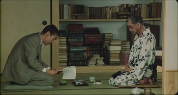 Movie still from “Madadayo” (1993), directed by Akira Kurosawa – Two people sitting on the floor in front of a book shelf; Wide shot, Over the shoulder angle