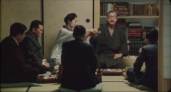 Movie still from “Madadayo” (1993), directed by Akira Kurosawa – A group of people sitting around a table; Medium shot, Over the shoulder angle