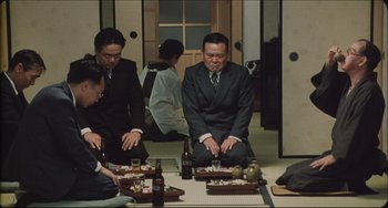 Movie still from “Madadayo” (1993), directed by Akira Kurosawa – A group of people sitting around a table with food on top of it; Wide shot, High angle