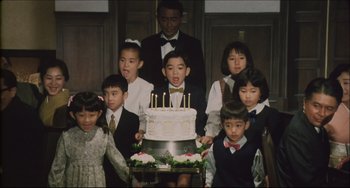Movie still from “Madadayo” (1993), directed by Akira Kurosawa – A group of children standing around a birthday cake; Medium shot, High angle