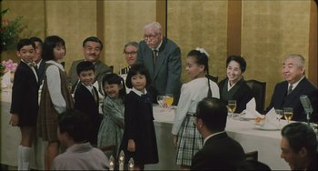 Movie still from “Madadayo” (1993), directed by Akira Kurosawa – A group of people standing around a table; Medium shot, High angle
