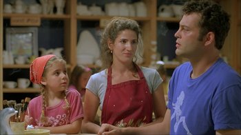 Movie still from “Made” (2001), directed by Jon Favreau – A group of people standing in a room; Medium shot, Over the shoulder angle