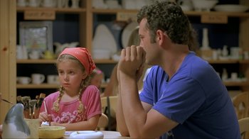 Movie still from “Made” (2001), directed by Jon Favreau – A man and a little girl sitting at a table; Medium shot, Over the shoulder angle