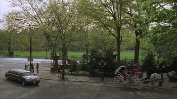 Movie still from “Made” (2001), directed by Jon Favreau – A horse drawn carriage parked in front of a park; Extreme Wide shot, High angle
