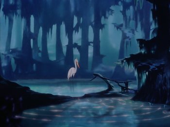Movie still from “Make Mine Music” (1946), directed by Hamilton Luske – A painting of a bird in a swamp; Extreme Wide shot, Low angle