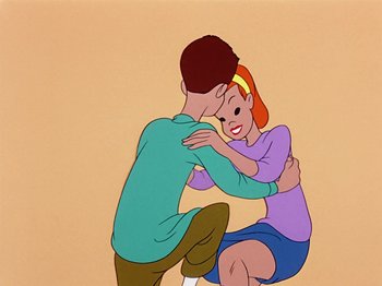 Movie still from “Make Mine Music” (1946), directed by Hamilton Luske – An animated picture of a boy and a girl hugging; Medium shot, High angle