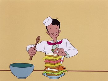 Movie still from “Make Mine Music” (1946), directed by Hamilton Luske – A cartoon of a man making a sandwich; Medium shot, Low angle