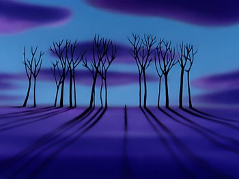 Movie still from “Make Mine Music” (1946), directed by Hamilton Luske – A group of bare trees in the middle of a purple field; Extreme Wide shot, Low angle