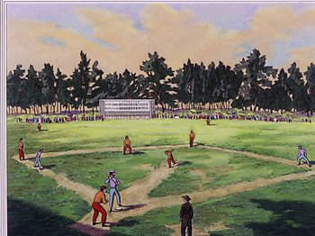 Movie still from “Make Mine Music” (1946), directed by Hamilton Luske – A painting of people playing baseball on a field; Extreme Wide shot, High angle