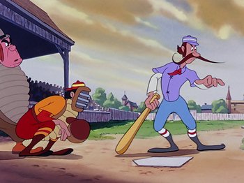 Movie still from “Make Mine Music” (1946), directed by Hamilton Luske – A painting of a baseball player swinging a bat at a catcher; Medium shot, Over the shoulder angle