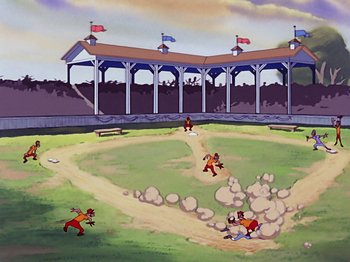Movie still from “Make Mine Music” (1946), directed by Hamilton Luske – A baseball field with players playing baseball on it; Extreme Wide shot, High angle