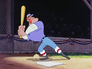 Movie still from “Make Mine Music” (1946), directed by Hamilton Luske – A cartoon of a man swinging a baseball bat; Medium shot, Low angle