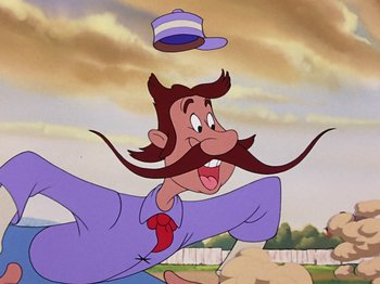Movie still from “Make Mine Music” (1946), directed by Hamilton Luske – A cartoon of a man with long hair and a mustache; Close Up shot, Low angle