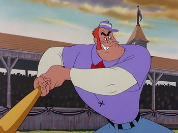 Movie still from “Make Mine Music” (1946), directed by Hamilton Luske – A cartoon of a man swinging a baseball bat; Medium shot, Low angle