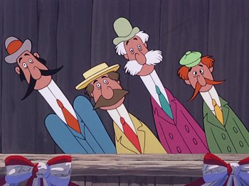 Movie still from “Make Mine Music” (1946), directed by Hamilton Luske – A group of men in suits and hats on a stage; Medium shot, Low angle