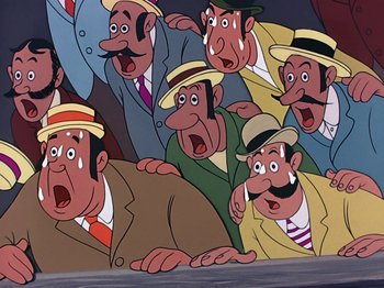Movie still from “Make Mine Music” (1946), directed by Hamilton Luske – A group of men in suits and hats with their mouths open; Medium shot, Low angle