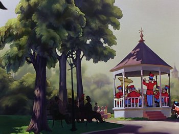 Movie still from “Make Mine Music” (1946), directed by Hamilton Luske – A painting of people sitting in a gazebo; Extreme Wide shot, Low angle